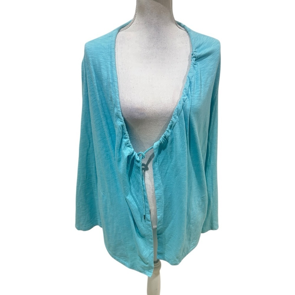 Talbots casual aqua Knit cardigan tie front cotton size large petite